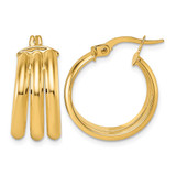 14K Yellow Gold Polished Triple Row 8.00 mm X 18 mm Tube Round Hoop Earrings