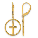 14K Yellow Gold Polished Cross in Circle Leverback Dangle Earrings, 19.35 mm