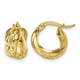 14K Yellow Gold Polished Diamond-Cut with Cut Out Floral Design Double Hoop Earrings, 14.6 mm