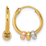 14K Yellow Gold with Rose-Tone and White Rhodium Polished 3-Bead Endless Hoop Earrings, 13 mm