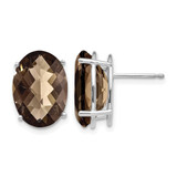Rhodium-Plated 14K White Gold Oval 4-Prong 14 x 10 mm Checker-Cut Smoky Quartz Stud Earrings, 14 mm Long