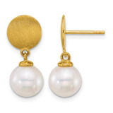 14K Yellow Gold Satin 8-9 mm Round White Cultured South Sea Pearl Dangle Earrings, 19.7 mm Long