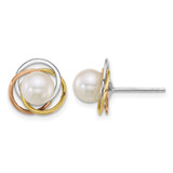 14K Tri-Color Gold Polished 6-7 mm Round White Cultured South Sea Pearl Love Knot Stud Earrings, 11.5 mm Long