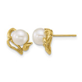 14K Yellow Gold Polished 6-7 mm Button White Cultured Freshwater Pearl Flower Stud Earrings, 10.8 mm Long