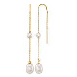 14K Yellow Gold Polished 4-5 mm Near Round and 7-8 mm Teardrop White Cultured Freshwater Pearl and Chain Threader Dangle Earrings, 66 mm Long