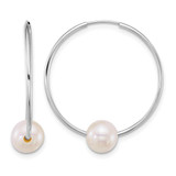 Rhodium-Plated 14K White Gold Polished 6-7 mm Semi-Round White Cultured Freshwater Pearl Endless Hoop Earrings, 26 mm Long