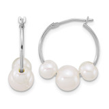 Rhodium-Plated 14K White Gold Hollow Polished 6-8 mm Semi-Round White 3-Cultured Freshwater Pearl Hoop Earrings, 19 mm Long