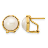 14K Yellow Gold 10-11 mm White Mabe Cultured Freshwater Pearl Omega Back Stud Earrings, 11.5 mm Long