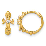 14K Yellow Gold Polished Cubic Zirconia Cross Round Hinged Hoop Earrings, 12.88 mm