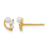 14K Yellow Gold Polished Cubic Zirconia and White Cultured Freshwater Pearl Stud Earrings, 7 mm
