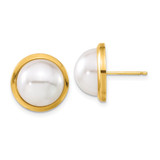 14K Yellow Gold Simulated Pearl Post Button Stud Earrings, 14.5 mm