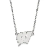LogoArt University of Wisconsin Necklace - Sterling Silver Rhodium-Plated Letter W Large Pendant 18 Inch