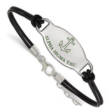 LogoArt Alpha Sigma Tau Bracelet - Sterling Silver Rhodium-Plated Sorority Symbol Color Enamel Black Leather 7 Inch with Extender
