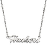 LogoArt University of Nebraska Necklace - Sterling Silver Rhodium-Plated Huskers Script Medium Pendant 18 Inch