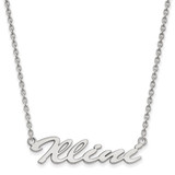 LogoArt University of Illinois Necklace - Sterling Silver Rhodium-Plated Medium Illini Script Pendant 18 Inch