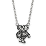 LogoArt University of Wisconsin Necklace - Sterling Silver Rhodium-Plated Badger Large Enameled Pendant 18 Inch