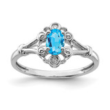 Sterling Silver Rhodium-Plated Light Swiss Blue Topaz & 0.021ct Diamond. Ring, 2 mm, 2 mm Wide, 10 mm Top Length, 8.5 mm Top Width, Polished