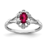 Sterling Silver Rhodium-Plated Lab-Created Ruby & 0.021ct Diamond. Ring, 2 mm, 2 mm Wide, 10 mm Top Length, 8.5 mm Top Width, Polished