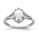 Sterling Silver Rhodium-Plated Cultured Freshwater Pearl & 0.021ct Diamond. Ring, 2 mm, 2 mm Wide, 10 mm Top Length, 8.5 mm Top Width, Polished