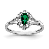 Sterling Silver Rhodium-Plated Lab-Created Emerald & 0.021ct Diamond. Ring, 2 mm, 2 mm Wide, 10 mm Top Length, 8.5 mm Top Width, Polished