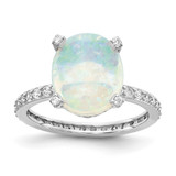 Cheryl M Sterling Silver Rhodium-Plated Cabochon Lab-Created Opal and Brilliant-Cut Cubic Zirconia Oval with Side Stones Ring