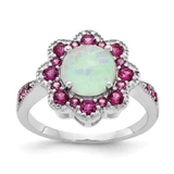 Cheryl M Sterling Silver Rhodium-Plated Cabochon Lab-Created Opal and Brilliant-Cut Red Nano Crystal Flower Ring