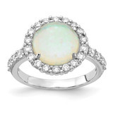 Cheryl M Sterling Silver Rhodium-Plated Cabochon Lab-Created Opal and Brilliant-Cut Cubic Zirconia Halo Ring, 2 mm, 13 mm Wide, 13 mm Top Length
