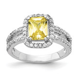 Cheryl M Sterling Silver Rhodium-Plated Fancy Yellow Elongated Cushion-Cut and White Brilliant-Cut Cubic Zirconia Halo Ring