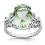 Sterling Silver Rhodium Green Quartz & 0.01ct Diamond Ring, 2 mm