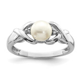 Sterling Silver Rhodium-Plated Button Cultured Freshwater Pearl & 0.01ct Diamond Ring, 2 mm