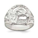 Sterling Silver Horseshoe with Horse Head Ring, 2.75 mm, 2.75 mm Wide, 15.4 mm Top Length, 16 mm Top Width, Polished, Textured