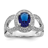 Sterling Silver Rhodium-Plated Dark Blue Glass and Cubic Zirconia Ring, 3 mm