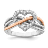 Sterling Silver and Vermeil Polished Cubic Zirconia Heart Ring, 2 mm
