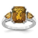 Sterling Silver Rhodium-Plated Checker-Cut Whiskey Quartz Ring, 2 mm - QR2916WQ