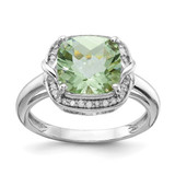 Sterling Silver Rhodium-Plated 0.1ct Diamond & Checker-Cut Green Quartz Ring, 2 mm