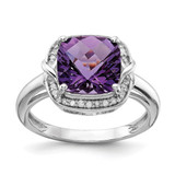 Sterling Silver Rhodium-Plated 0.1ct Diamond & Checker-Cut Amethyst Ring, 2 mm