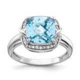 Sterling Silver Rhodium-Plated 0.1ct Diamond & Checker-Cut Sky Blue Topaz Ring, 2 mm
