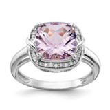 Sterling Silver Rhodium-Plated 0.1ct Diamond & Checker-Cut Pink Quartz Ring, 2 mm