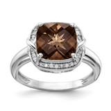 Sterling Silver Rhodium-Plated 0.1ct Diamond & Checker-Cut Smoky Quartz Ring, 2 mm