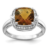 Sterling Silver Rhodium-Plated 0.1ct Diamond & Checker-Cut Whiskey Quartz Ring, 2 mm