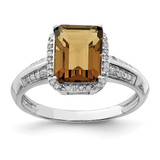 Sterling Silver Rhodium-Plated 0.15ct Diamond & Whiskey Quartz Ring, 3 mm