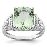 Sterling Silver Rhodium-Plated 0.106ct Diamond & Checker-Cut Green Quartz Ring, 2 mm