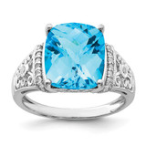 Sterling Silver Rhodium-Plated Checker-Cut Blue Topaz & 0.106ct Diamond. Ring, 2 mm
