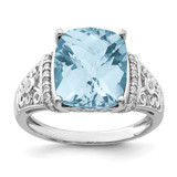 Sterling Silver Rhodium-Plated 0.106ct Diamond & Checker-Cut Sky Blue Topaz Ring, 2 mm