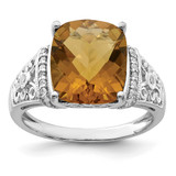Sterling Silver Rhodium-Plated 0.106ct Diamond & Checker-Cut Whiskey Quartz Ring, 2 mm