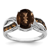 Sterling Silver Rhodium-Plated 0.02ct Diamond & Smoky Quartz Ring, 2 mm