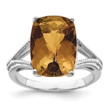 Sterling Silver Rhodium-Plated Checker-Cut Whiskey Quartz Ring, 2 mm - QR3195WQ