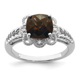Sterling Silver Rhodium-Plated Checker-Cut Smoky Quartz & 0.04ct Diamond. Ring, 2 mm