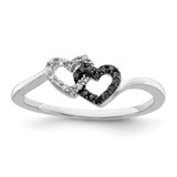 White Night Sterling Silver Rhodium-Plated Black and White 0.113ct Diamond Double Heart Ring, 1 mm