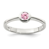 Sterling Silver Pink Round Bezel Cubic Zirconia Ring, 2 mm, 6.2 mm Top Length, 6.2 mm Top Width